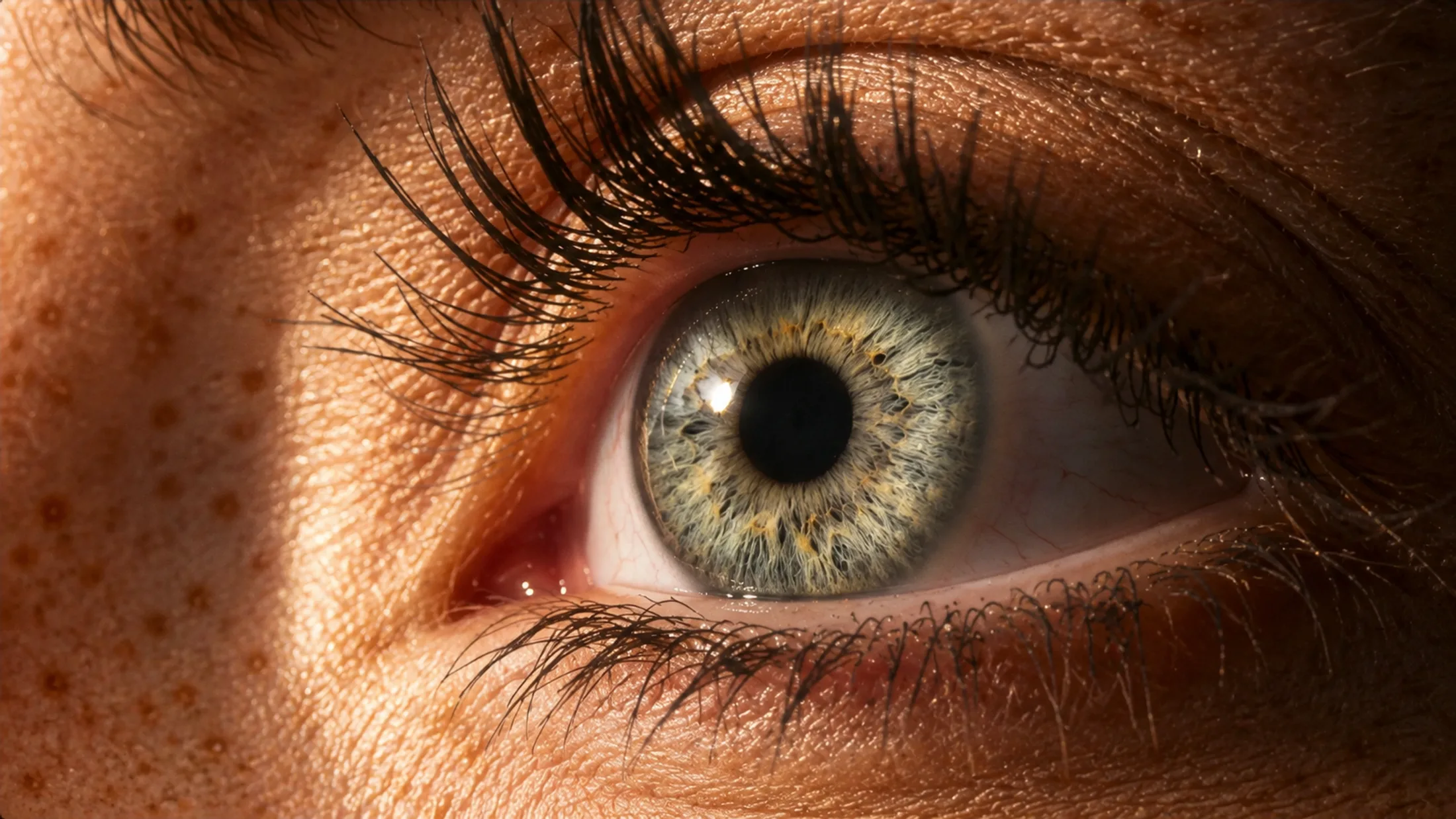 An extreme close-up of a grey-green eye with long lashes