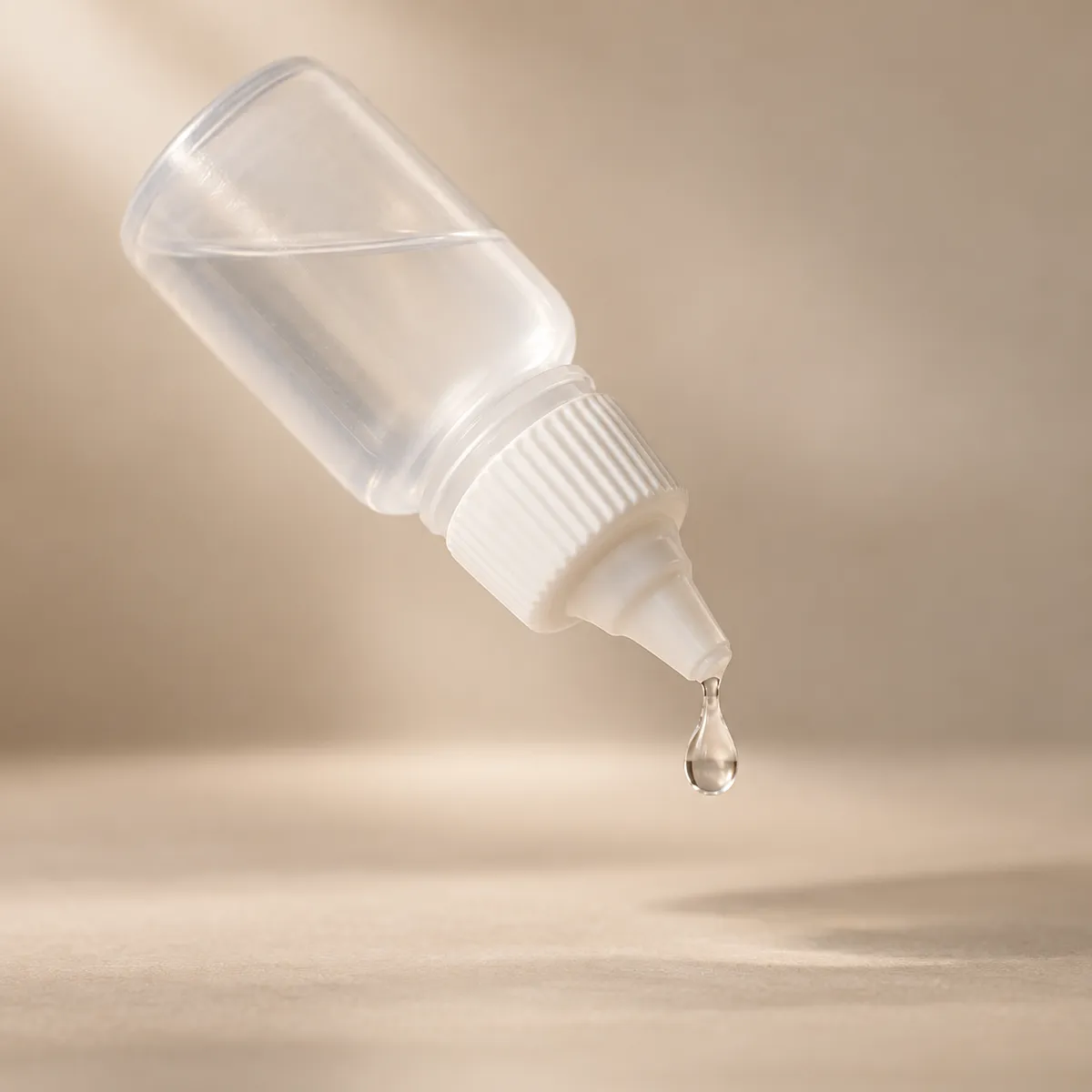 A single drop falling from an eye drop bottle