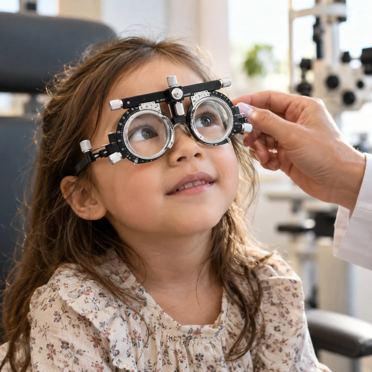 A young girl in a trial frame during an eye test